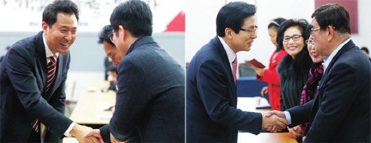 오세훈 전 서울시장이 21일 경남 창원시 의창구 창원컨벤션센터에서 열린 '경남 경제 살리기 대토론회'에 참석해 참석자와 악수하고 있다.(왼쪽 사진) 같은날 황교안 전 국무총리는 자유한국당 경북도당 강당에서 당원들을 만나 간담회에 앞서 참석자들과 악수 하고 있다. 연합뉴스